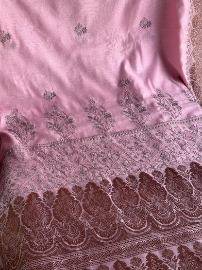 Pink & Grey Chanderi Saree with Chikankari Embroidery & Banarasi Zari Border