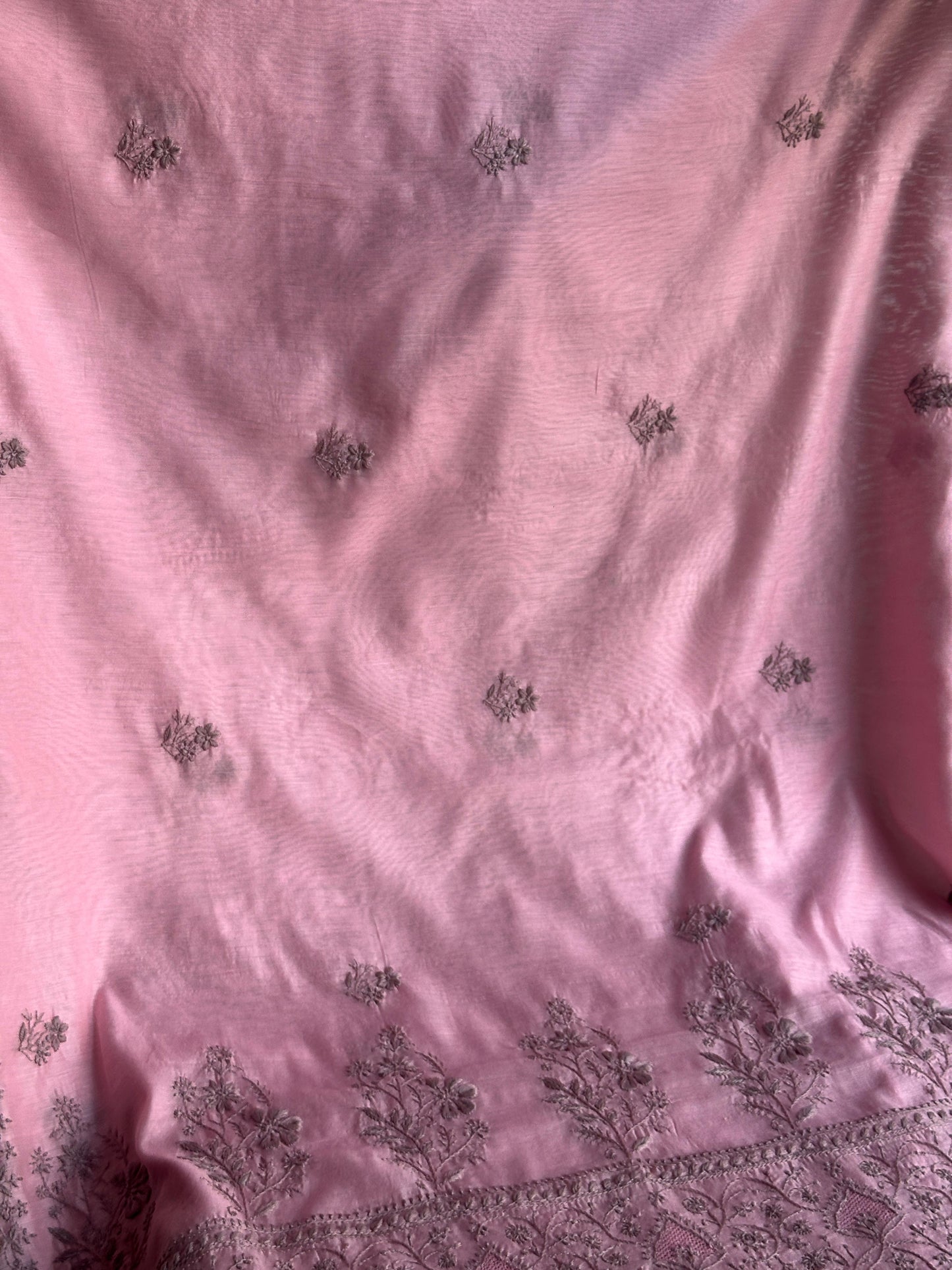 Pink & Grey Chanderi Saree with Chikankari Embroidery & Banarasi Zari Border