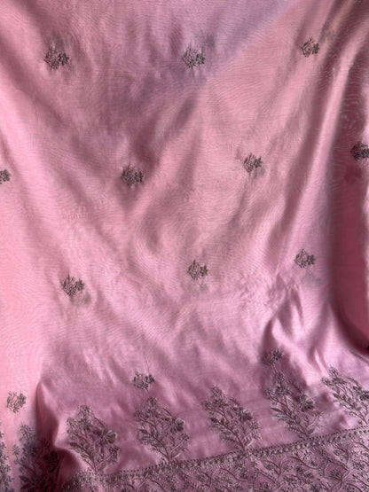 Pink & Grey Chanderi Saree with Chikankari Embroidery & Banarasi Zari Border