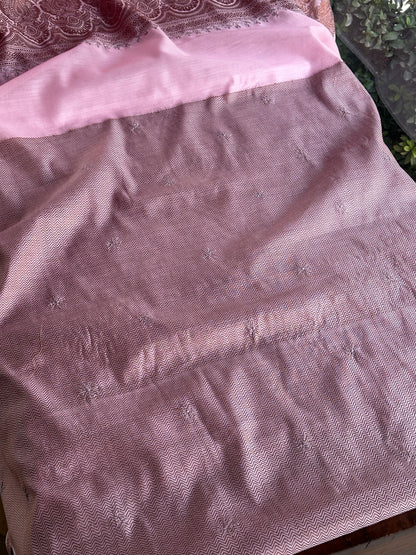 Pink & Grey Chanderi Saree with Chikankari Embroidery & Banarasi Zari Border