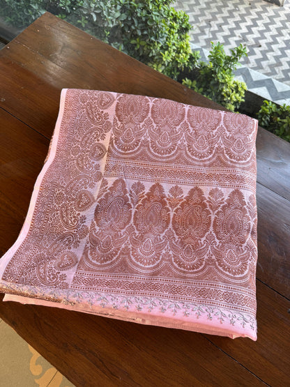 Pink & Grey Chanderi Saree with Chikankari Embroidery & Banarasi Zari Border