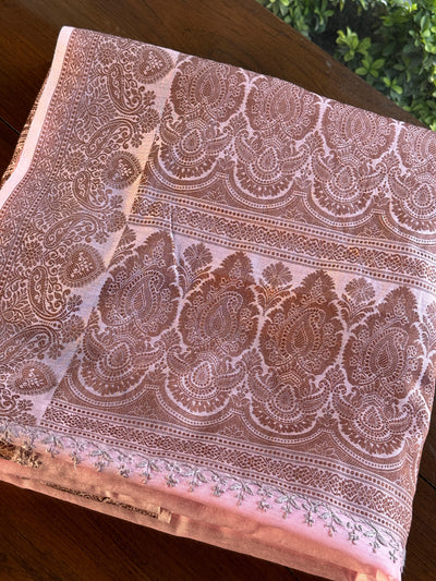 Pink & Grey Chanderi Saree with Chikankari Embroidery & Banarasi Zari Border