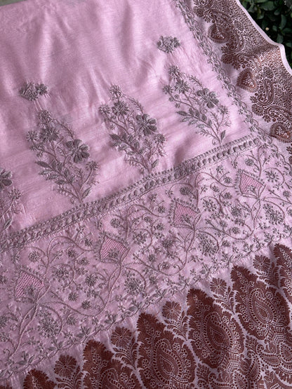 Pink & Grey Chanderi Saree with Chikankari Embroidery & Banarasi Zari Border