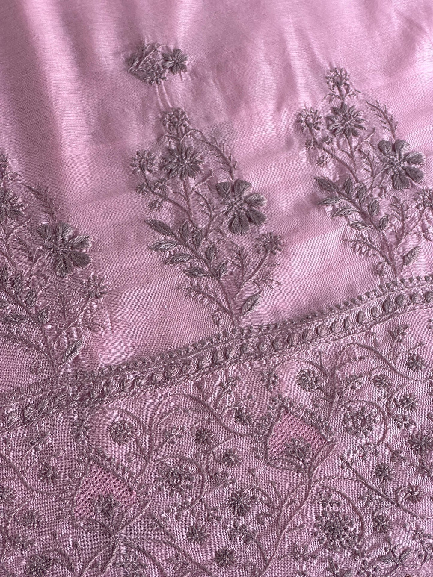 Pink & Grey Chanderi Saree with Chikankari Embroidery & Banarasi Zari Border