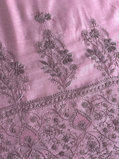 Pink & Grey Chanderi Saree with Chikankari Embroidery & Banarasi Zari Border