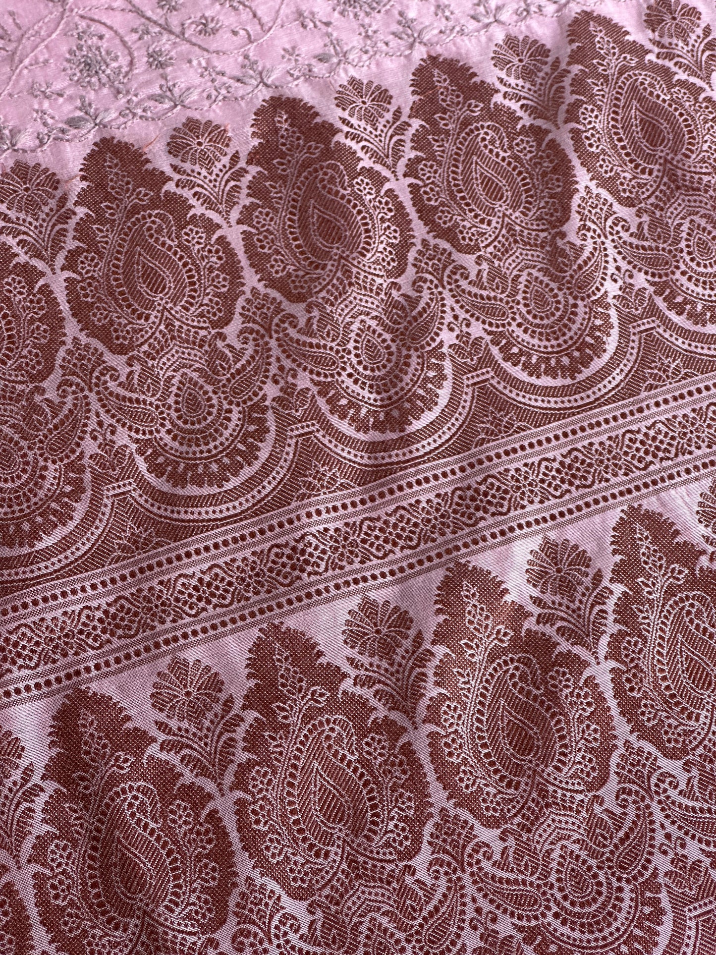 Pink & Grey Chanderi Saree with Chikankari Embroidery & Banarasi Zari Border