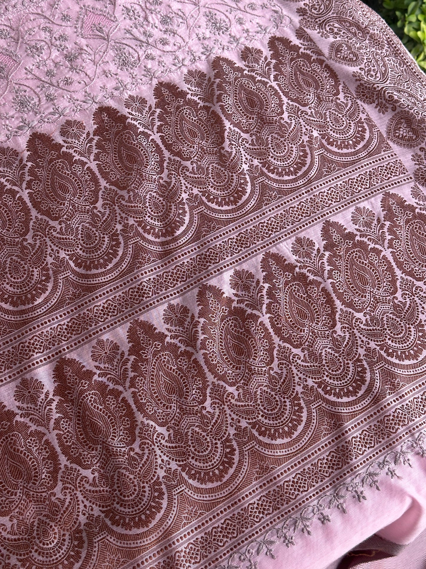 Pink & Grey Chanderi Saree with Chikankari Embroidery & Banarasi Zari Border