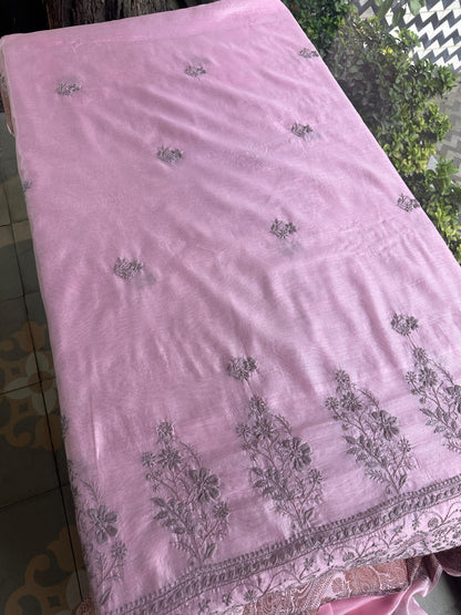 Pink & Grey Chanderi Saree with Chikankari Embroidery & Banarasi Zari Border