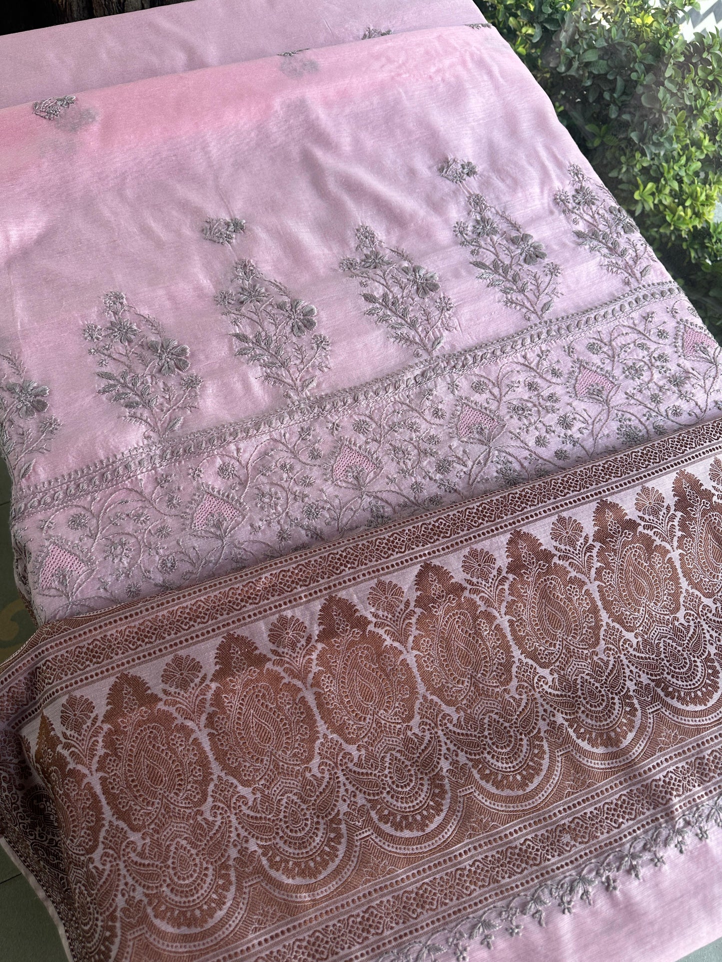 Pink & Grey Chanderi Saree with Chikankari Embroidery & Banarasi Zari Border