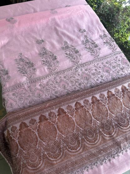 Pink & Grey Chanderi Saree with Chikankari Embroidery & Banarasi Zari Border