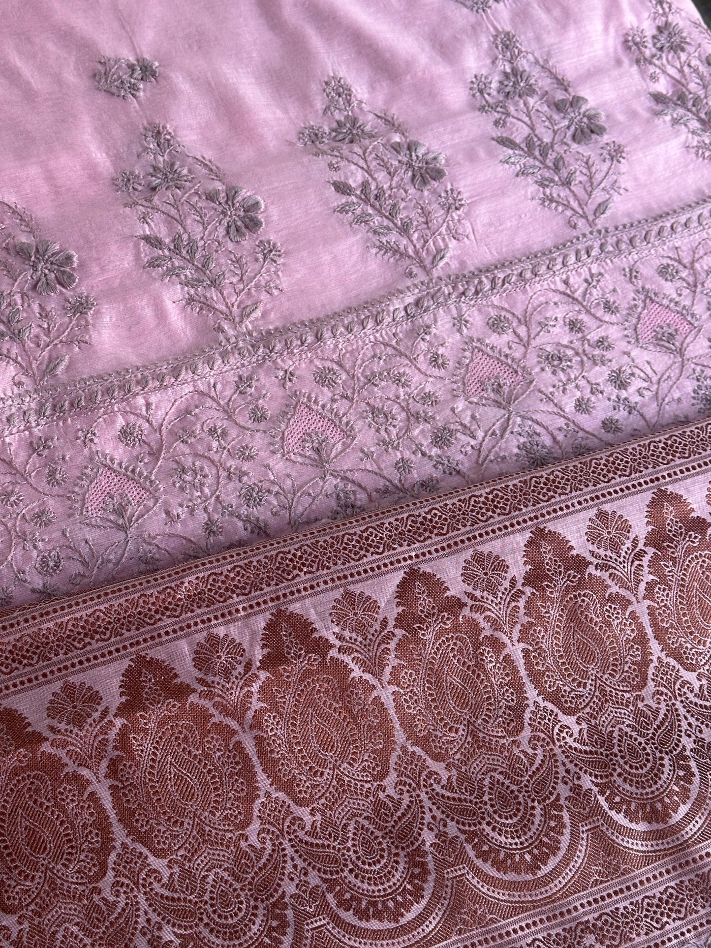 Pink & Grey Chanderi Saree with Chikankari Embroidery & Banarasi Zari Border