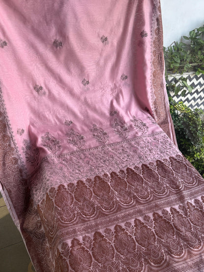 Pink & Grey Chanderi Saree with Chikankari Embroidery & Banarasi Zari Border