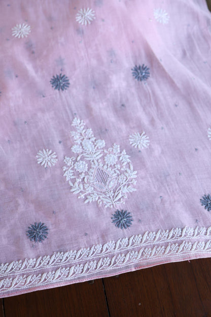 Pink & Grey Shade Malmal Pearl Work Chikankari Fabric