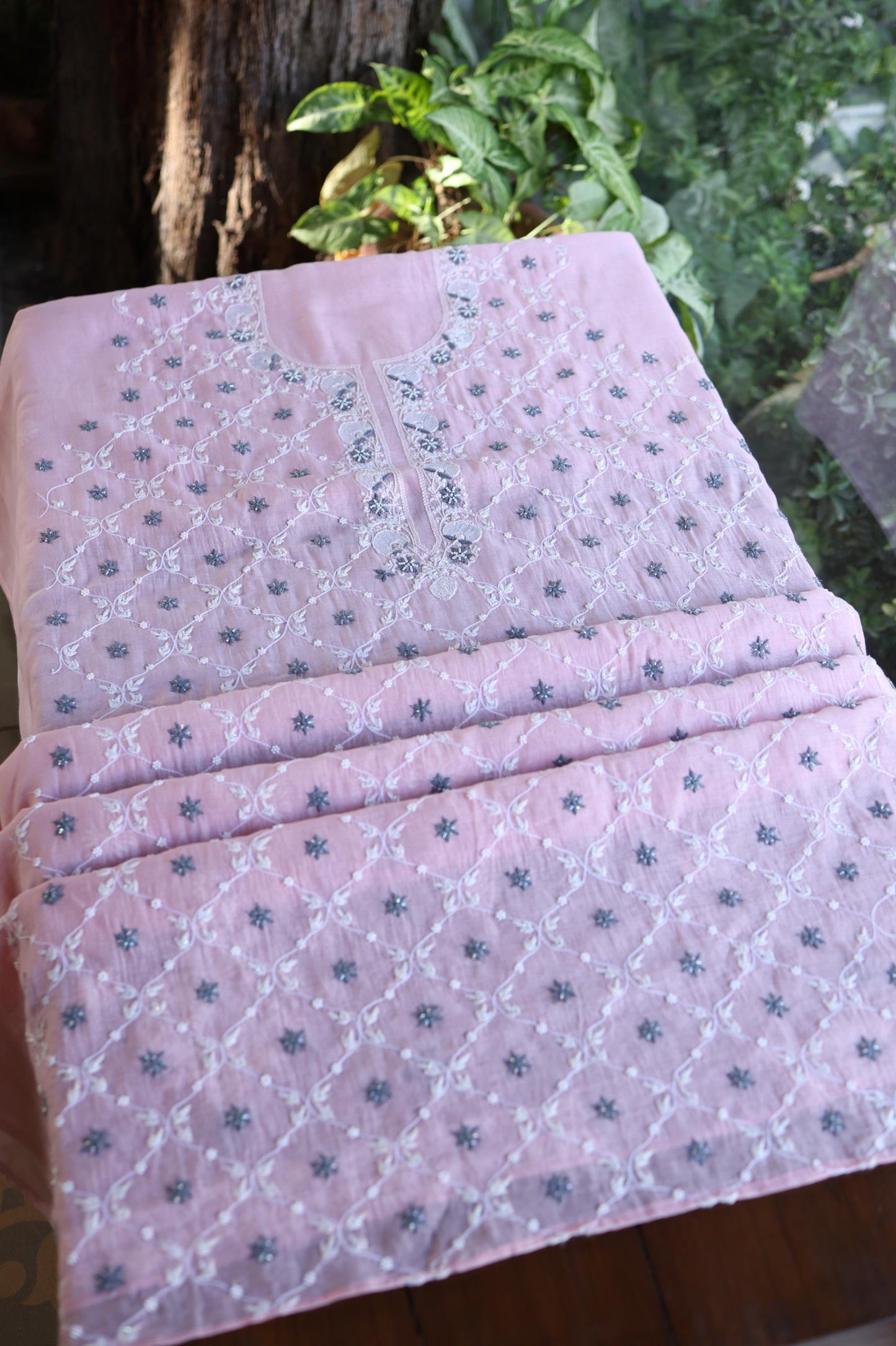 Pink & Grey Shade Malmal Pearl Work Chikankari Fabric
