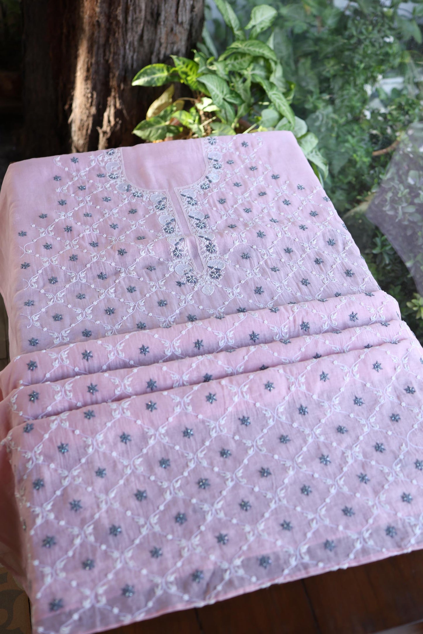 Pink & Grey Shade Malmal Pearl Work Chikankari Fabric