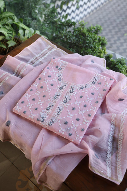 Pink & Grey Shade Malmal Pearl Work Chikankari Fabric