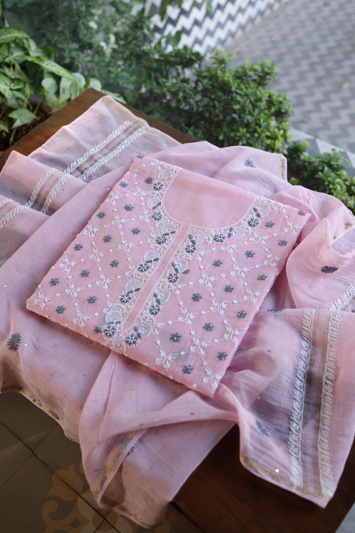 Pink & Grey Shade Malmal Pearl Work Chikankari Fabric