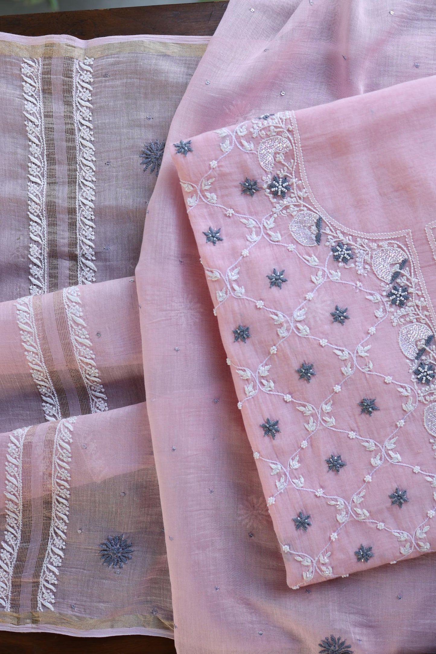 Pink & Grey Shade Malmal Pearl Work Chikankari Fabric