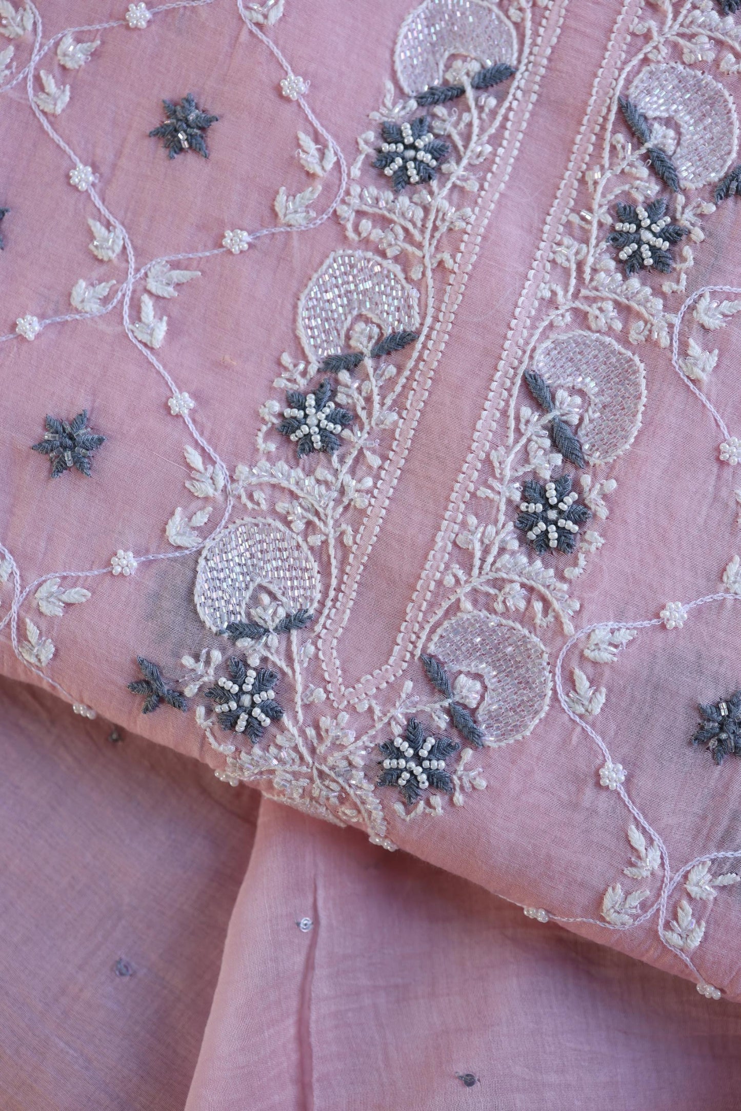 Pink & Grey Shade Malmal Pearl Work Chikankari Fabric