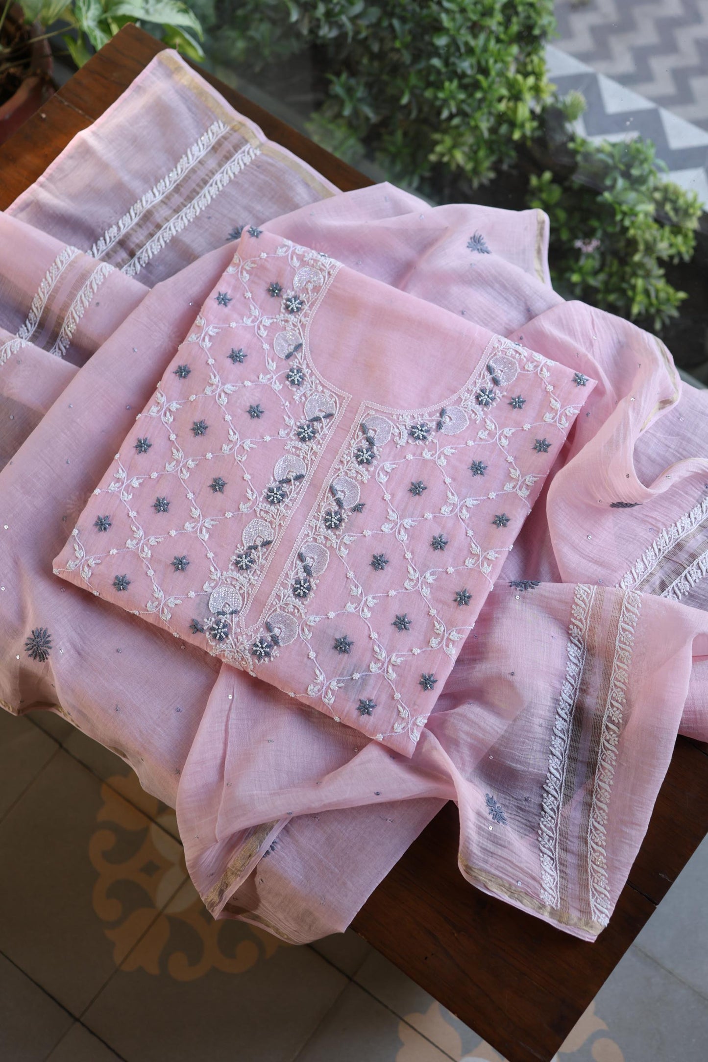 Pink & Grey Shade Malmal Pearl Work Chikankari Fabric