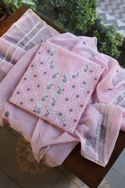 Pink & Grey Shade Malmal Pearl Work Chikankari Fabric