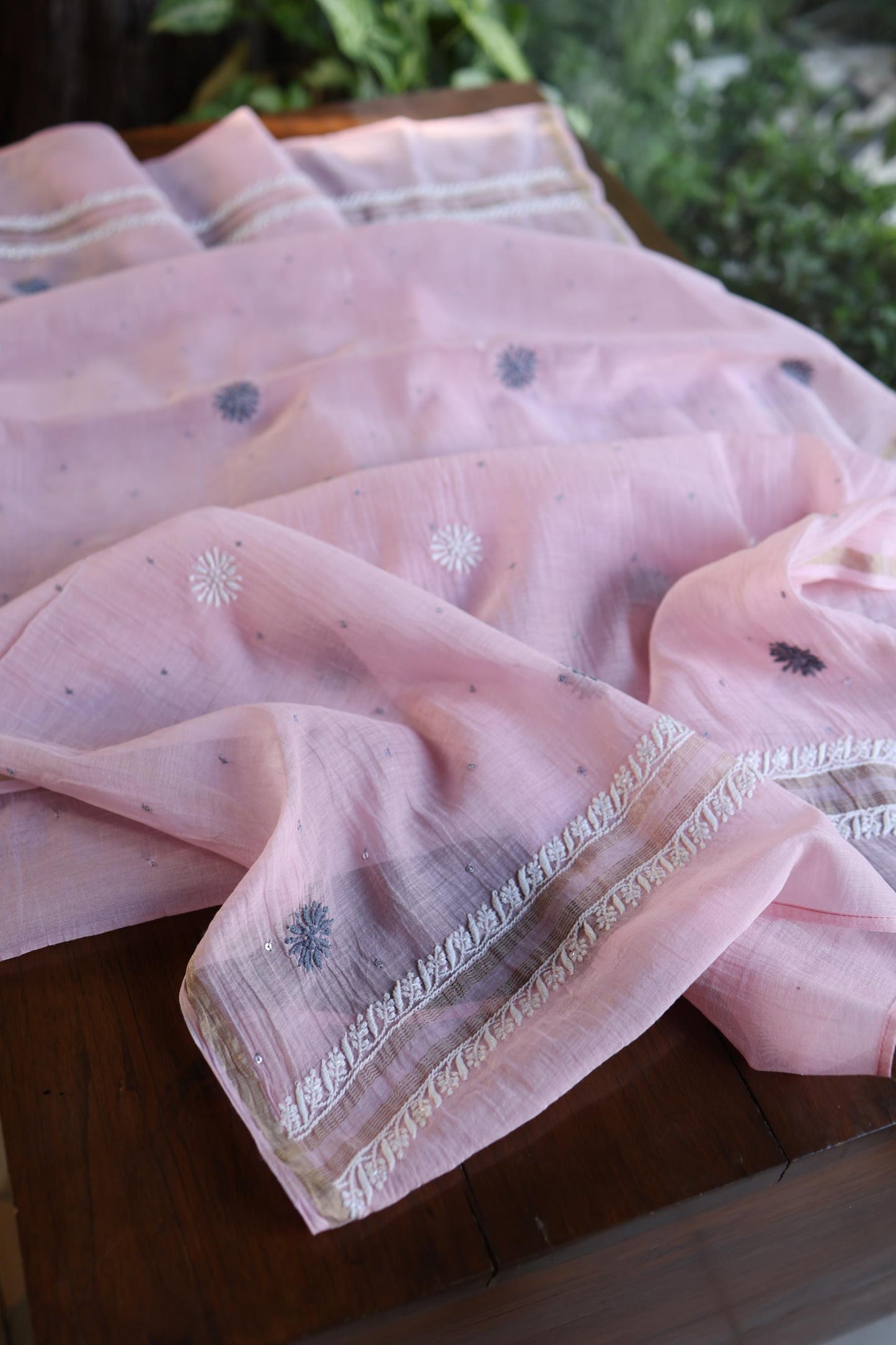 Pink & Grey Shade Malmal Pearl Work Chikankari Fabric