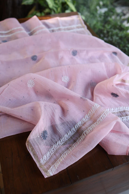 Pink & Grey Shade Malmal Pearl Work Chikankari Fabric