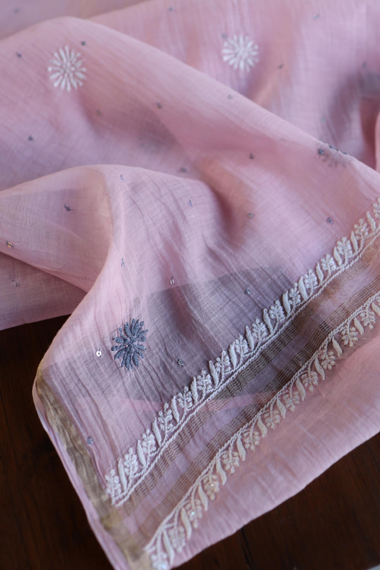 Pink & Grey Shade Malmal Pearl Work Chikankari Fabric