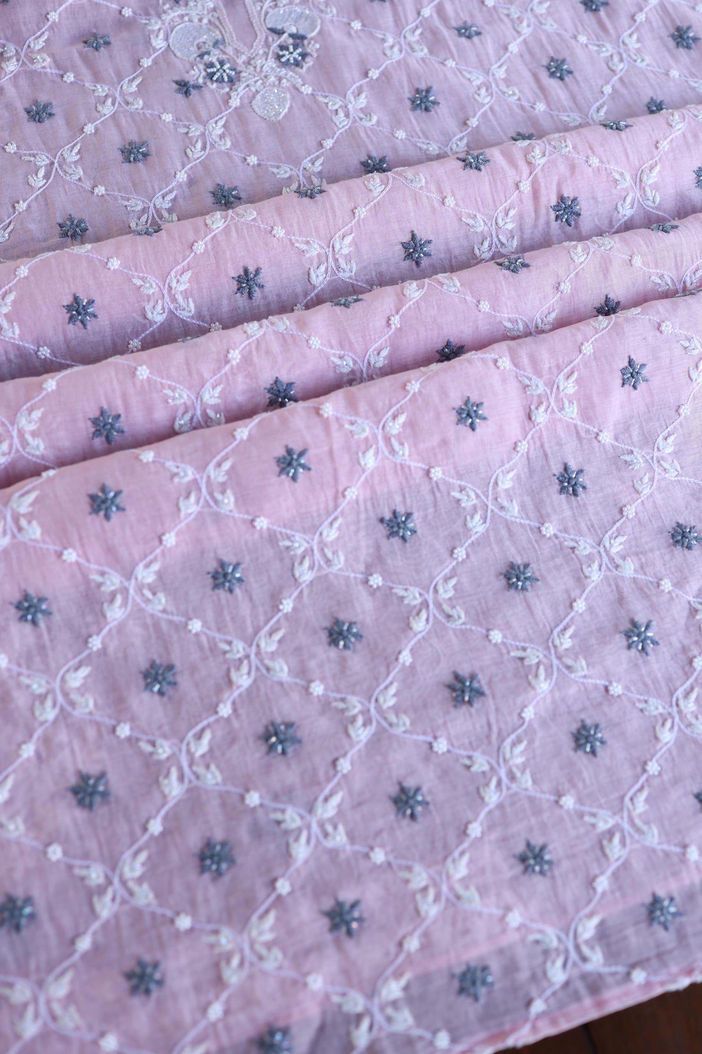 Pink & Grey Shade Malmal Pearl Work Chikankari Fabric