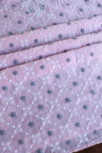 Pink & Grey Shade Malmal Pearl Work Chikankari Fabric