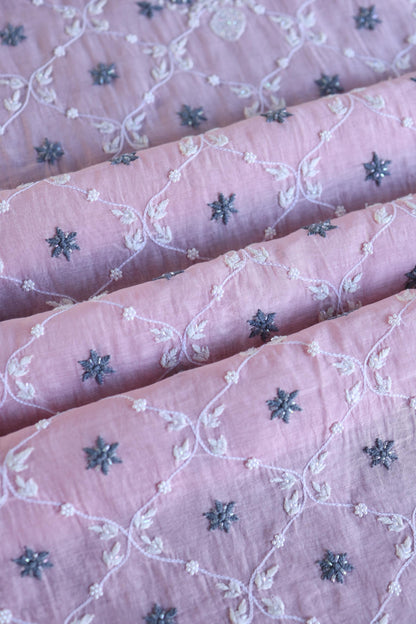 Pink & Grey Shade Malmal Pearl Work Chikankari Fabric