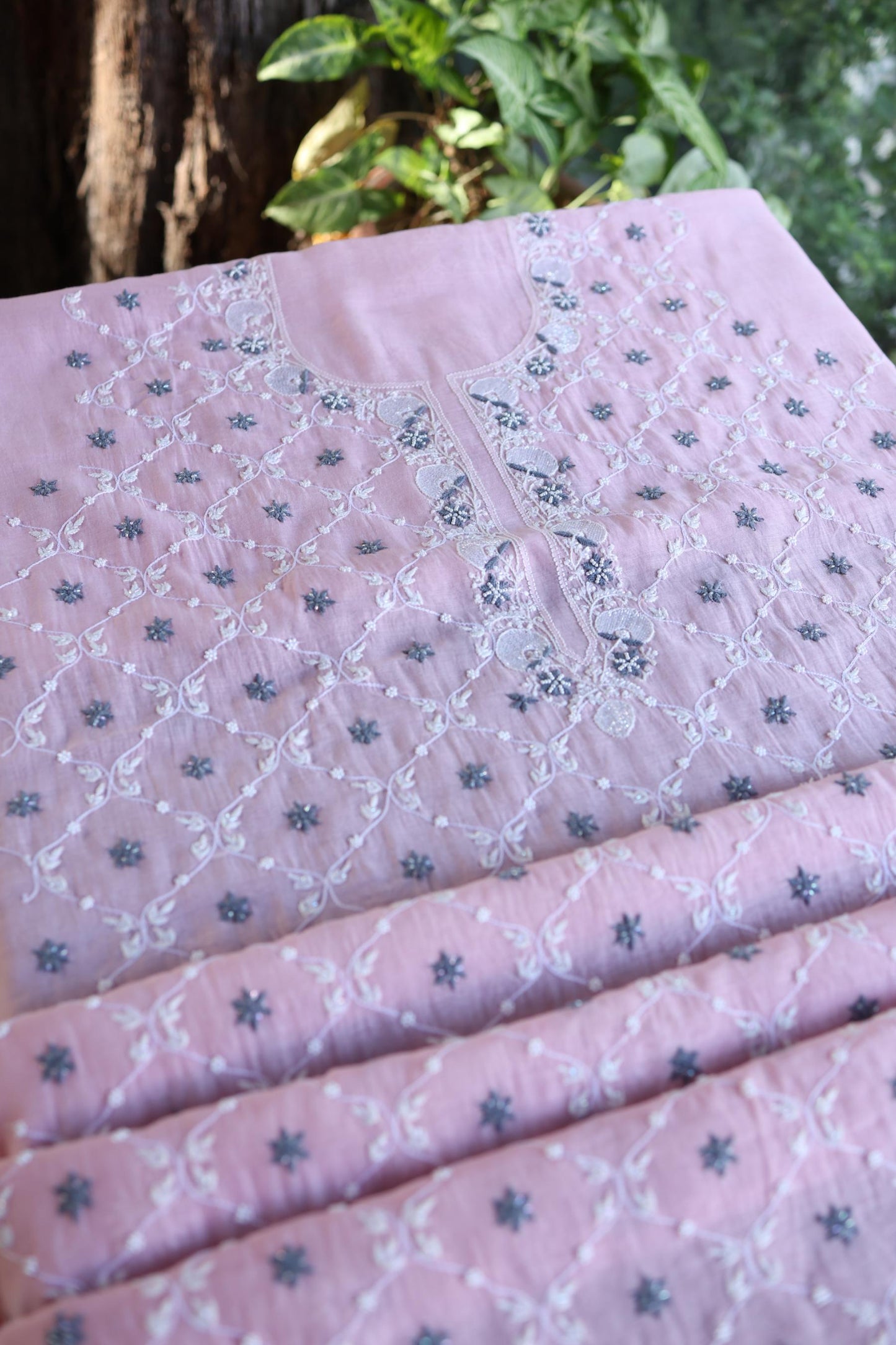 Pink & Grey Shade Malmal Pearl Work Chikankari Fabric