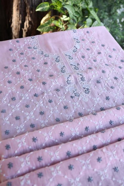 Pink & Grey Shade Malmal Pearl Work Chikankari Fabric