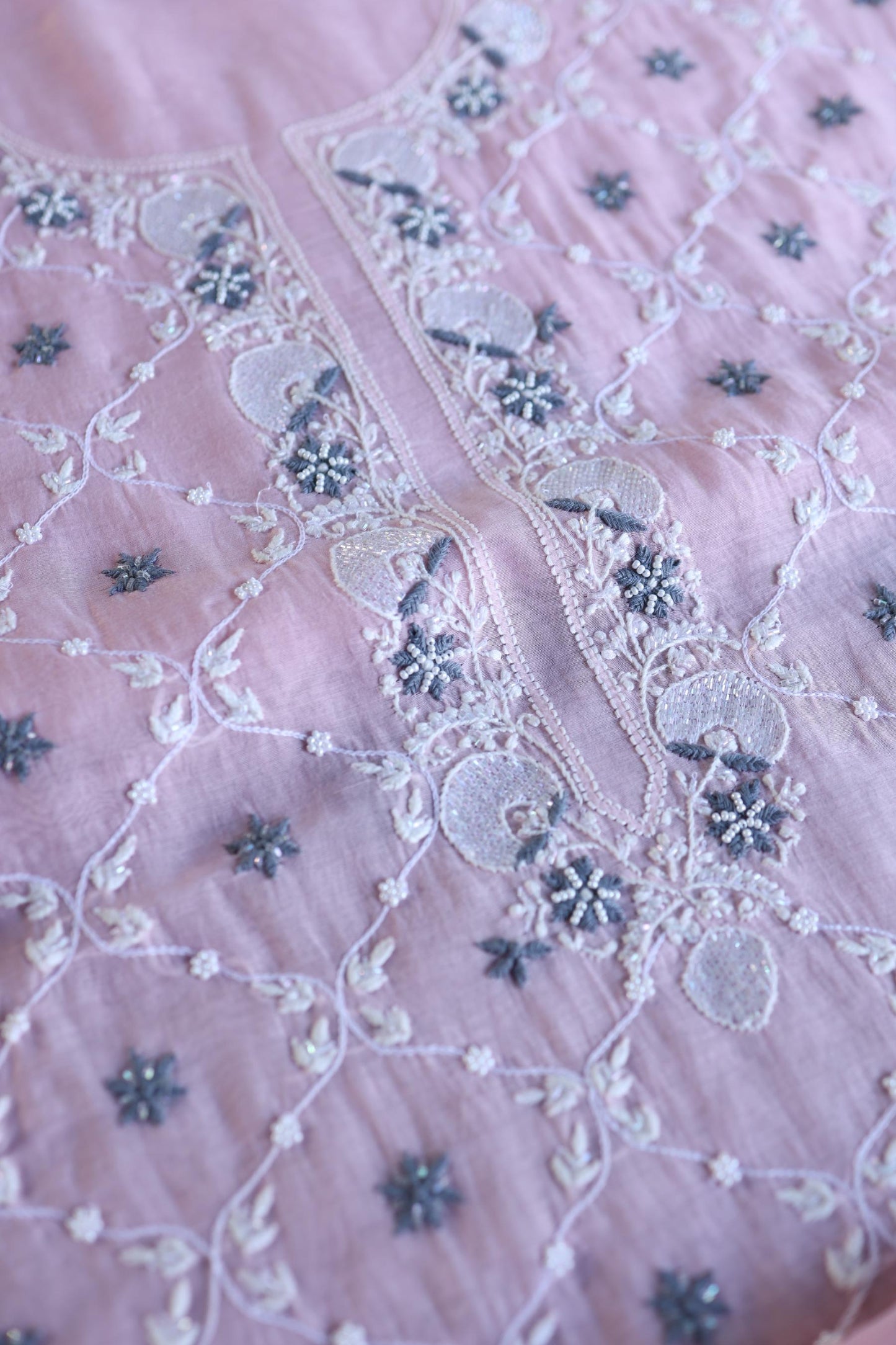 Pink & Grey Shade Malmal Pearl Work Chikankari Fabric