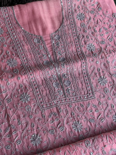 Pink & Grey Shade Chanderi Silk Mukaish Badla Unstitched Fabric