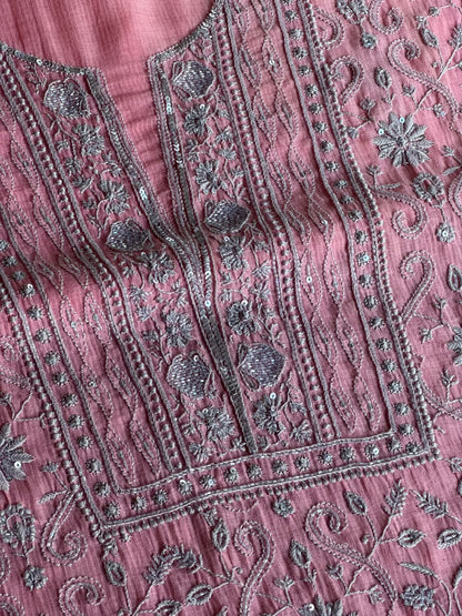 Pink & Grey Shade Chanderi Silk Mukaish Badla Unstitched Fabric