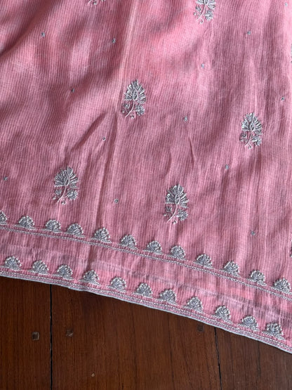 Pink & Grey Shade Chanderi Silk Mukaish Badla Unstitched Fabric