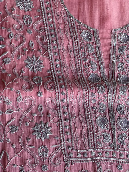Pink & Grey Shade Chanderi Silk Mukaish Badla Unstitched Fabric