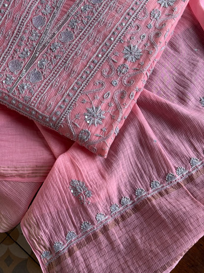 Pink & Grey Shade Chanderi Silk Mukaish Badla Unstitched Fabric