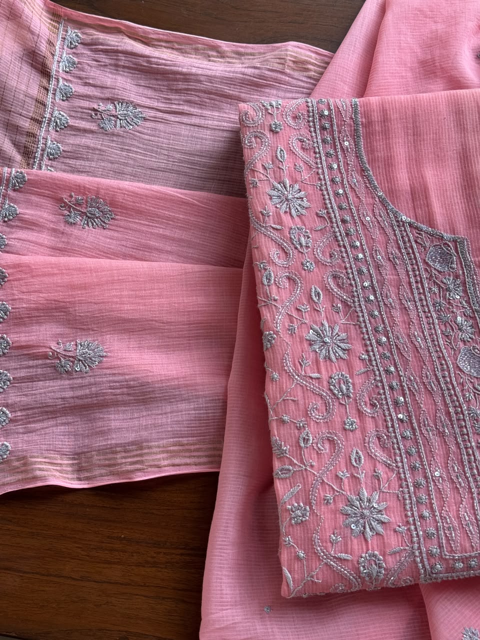 Pink & Grey Shade Chanderi Silk Mukaish Badla Unstitched Fabric