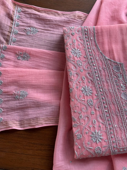 Pink & Grey Shade Chanderi Silk Mukaish Badla Unstitched Fabric
