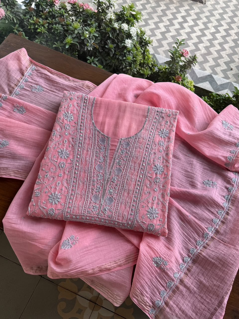 Pink & Grey Shade Chanderi Silk Mukaish Badla Unstitched Fabric