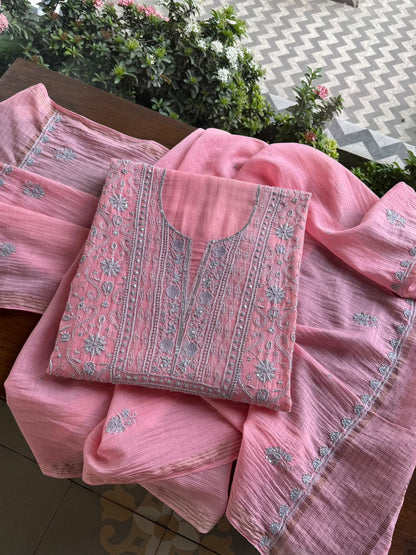 Pink & Grey Shade Chanderi Silk Mukaish Badla Unstitched Fabric