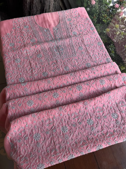 Pink & Grey Shade Chanderi Silk Mukaish Badla Unstitched Fabric
