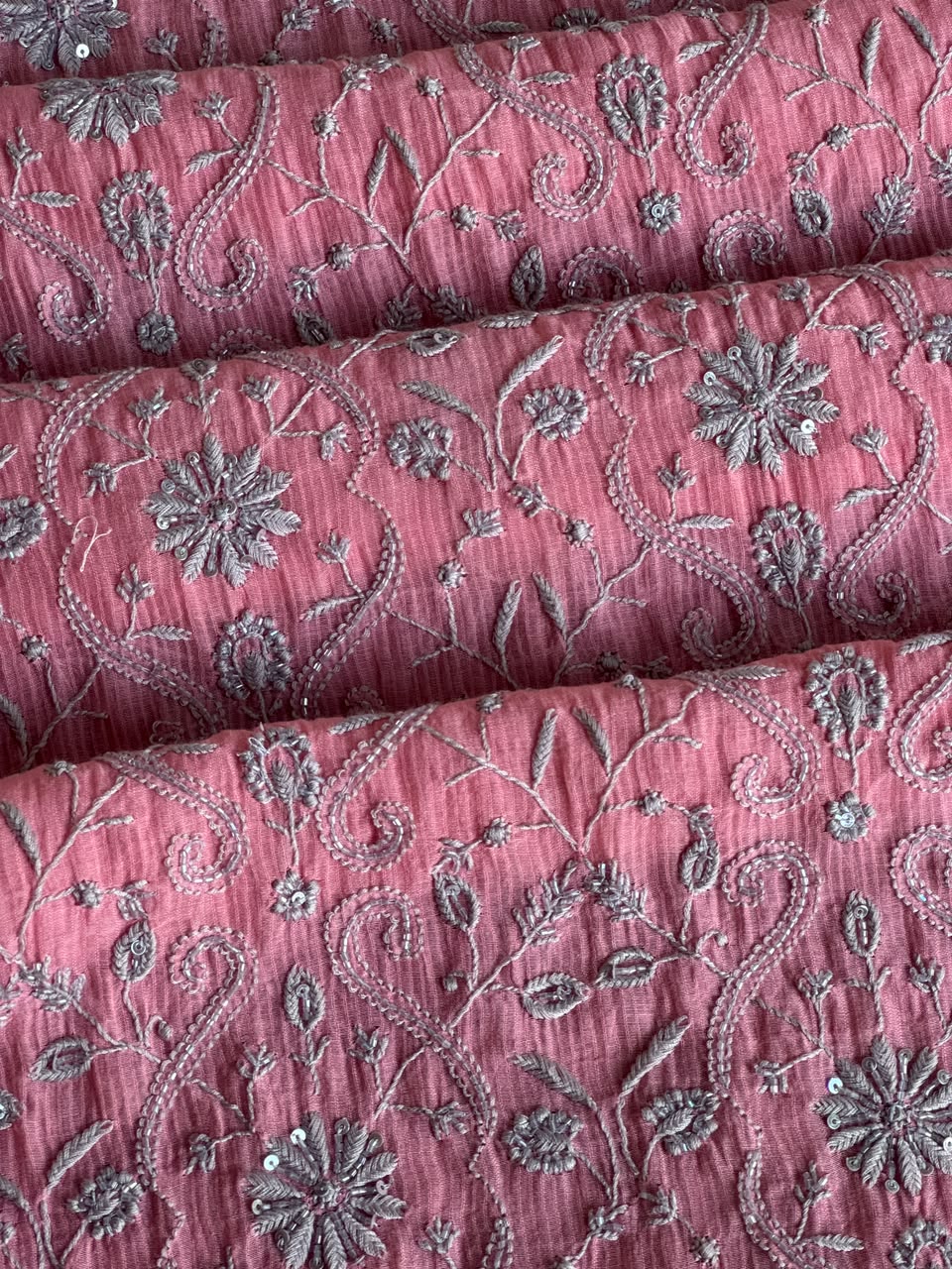 Pink & Grey Shade Chanderi Silk Mukaish Badla Unstitched Fabric