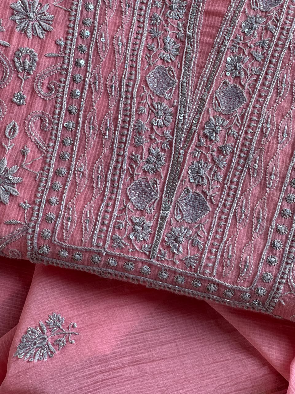 Pink & Grey Shade Chanderi Silk Mukaish Badla Unstitched Fabric