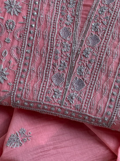Pink & Grey Shade Chanderi Silk Mukaish Badla Unstitched Fabric
