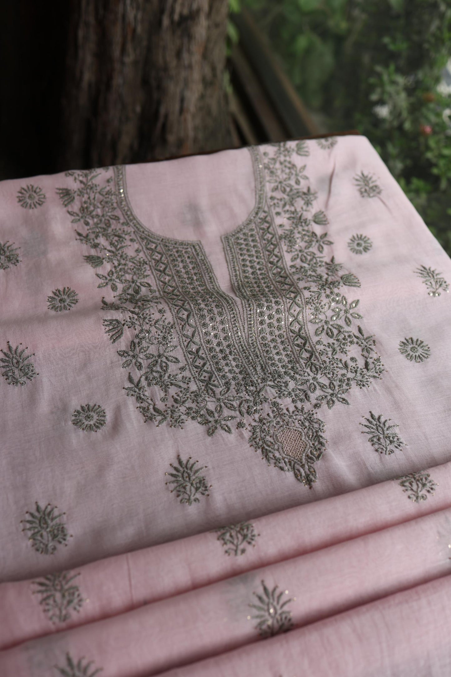 Pink & Grey Shade Mal Cotton Chikankari Unstitched Kurta Dupatta Fabric With Kamdani