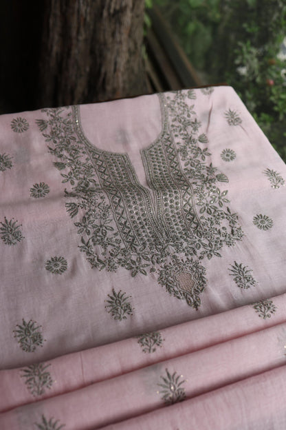 Pink & Grey Shade Mal Cotton Chikankari Unstitched Kurta Dupatta Fabric With Kamdani