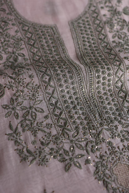Pink & Grey Shade Mal Cotton Chikankari Unstitched Kurta Dupatta Fabric With Kamdani